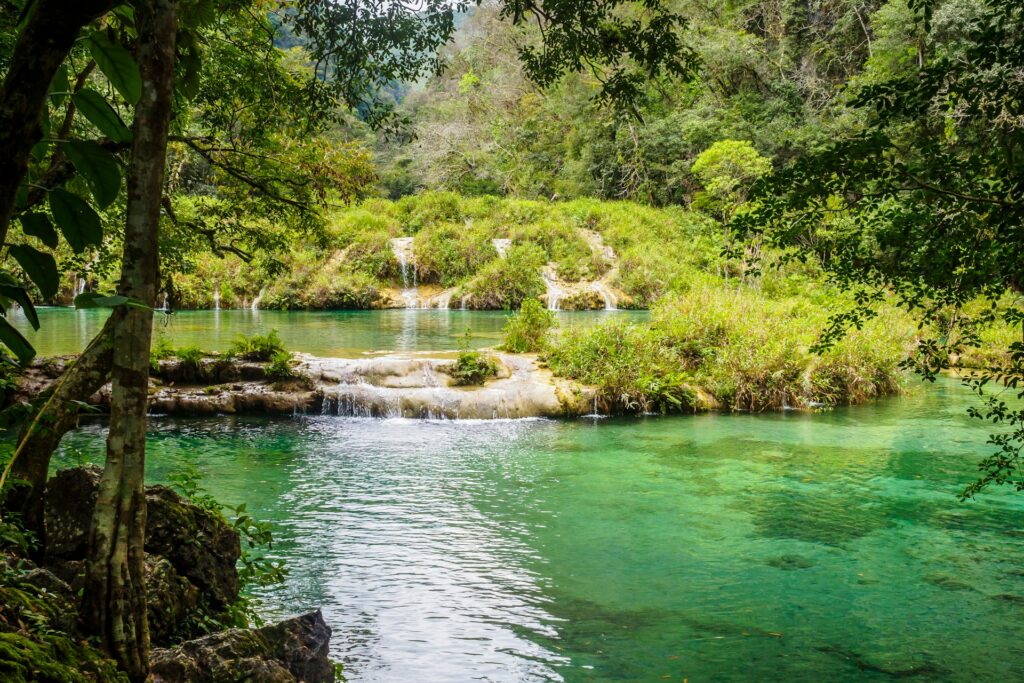 Semuc Champey é uma ponte natural de pedra sobre o Rio Cahabón e a cor esverdeada das águas se deve aos minerais rochosos.